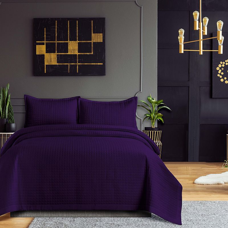 Tribeca Living Naples Oversized Solid Quilt Set with Shams, Dark Purple