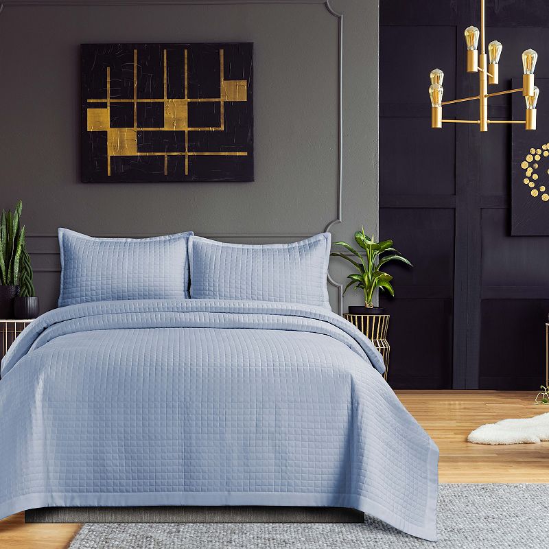 Tribeca Naples Oversized Solid Quilt Set with Shams, Blue, Queen Set