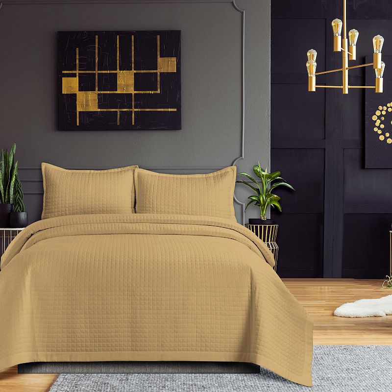 Tribeca Living King Naples Microfiber Quilt Set Beige: 3-Piece, Box Quilting Design, Year-Round Comfort