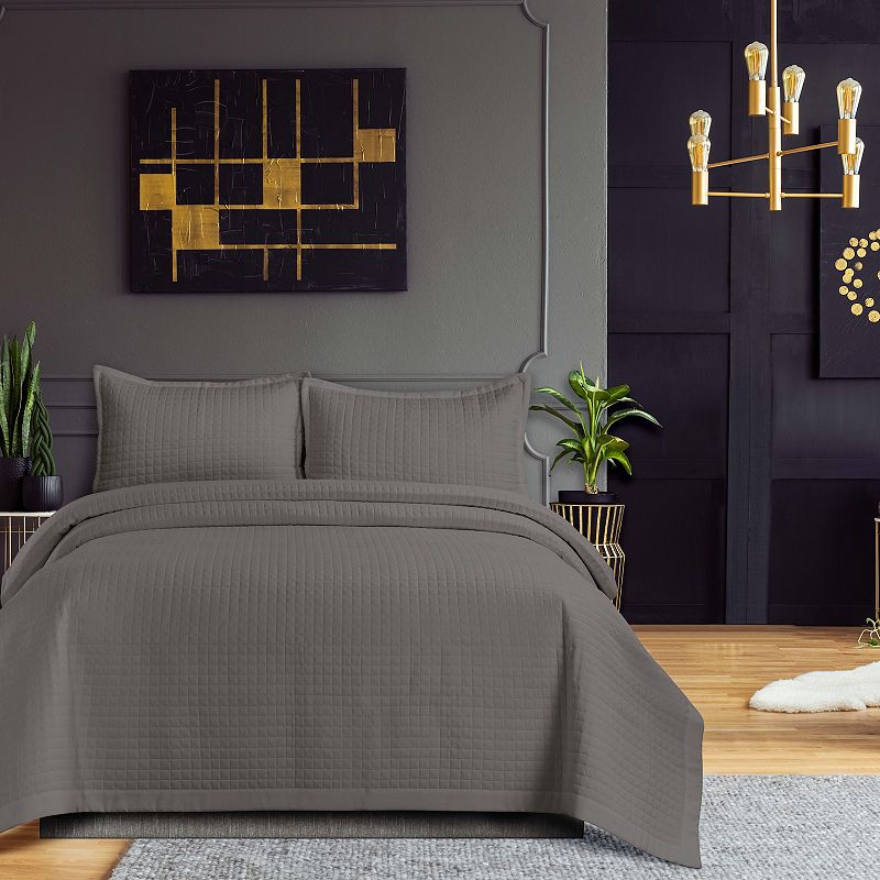 Tribeca Living Naples Oversized Solid Quilt Set with Shams, Medium Gray