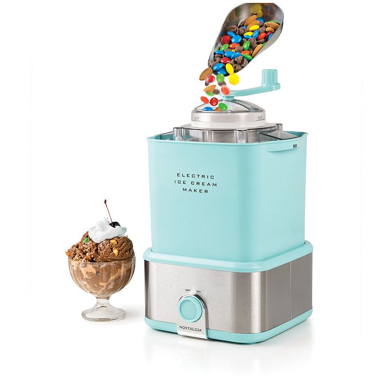 Nostalgia 2-Quart Electric Ice Cream Maker with Candy Crusher  Aqua  Stainless Steel