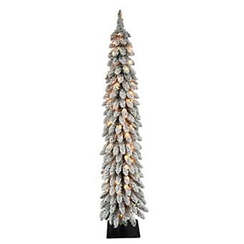 PULEO INTERNATIONAL Pre-Lit 5' Flocked Pencil Alpine Artificial Christmas Tree with 70 Lights
