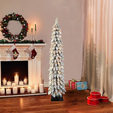 PULEO INTERNATIONAL Pre-Lit 5' Flocked Pencil Alpine Artificial Christmas Tree with 70 Lights