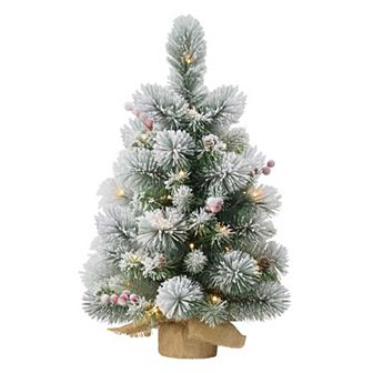 PULEO INTERNATIONAL Pre-Lit 2' Table Top Flocked Holly Artificial Christmas Tree with 35 Lights in Burlap Base
