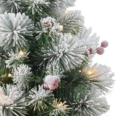 PULEO INTERNATIONAL Pre-Lit 2' Table Top Flocked Holly Artificial Christmas Tree with 35 Lights in Burlap Base