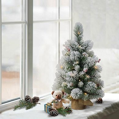PULEO INTERNATIONAL Pre-Lit 2' Table Top Flocked Holly Artificial Christmas Tree with 35 Lights in Burlap Base