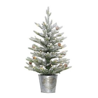 PULEO INTERNATIONAL Pre-Lit 2' Flocked Table Top Artificial Christmas Tree with 35 Lights in Metal Pot