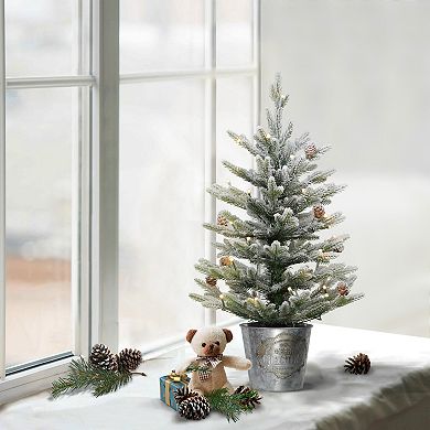 PULEO INTERNATIONAL Pre-Lit 2' Flocked Table Top Artificial Christmas Tree with 35 Lights in Metal Pot