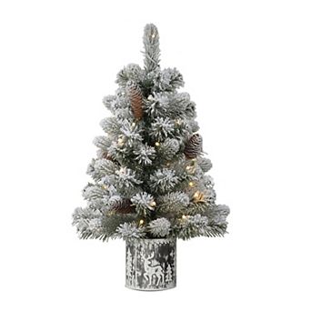PULEO INTERNATIONAL Pre-Lit 2' Flocked Table Top Artificial Christmas Tree in Metal Pot
