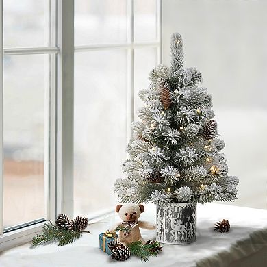 PULEO INTERNATIONAL Pre-Lit 2' Flocked Table Top Artificial Christmas Tree in Metal Pot