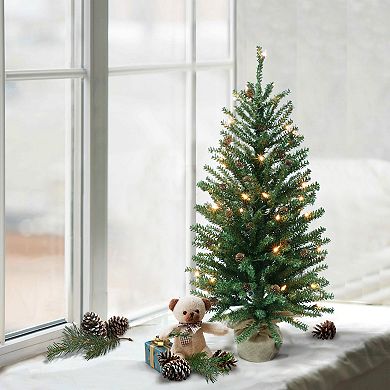 PULEO INTERNATIONAL Pre-Lit 3' Fir Artificial Christmas Tree with Pines Cones and 50 Lights