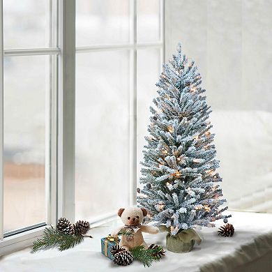 PULEO INTERNATIONAL Pre-Lit 3' Flocked Fir Artificial Christmas Tree with Pines Cones and 50 Lights