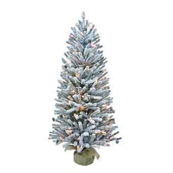 PULEO INTERNATIONAL Pre-Lit 4' Flocked Fir Artificial Christmas Tree with Pines Cones