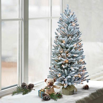 PULEO INTERNATIONAL Pre-Lit 4' Flocked Fir Artificial Christmas Tree with Pines Cones