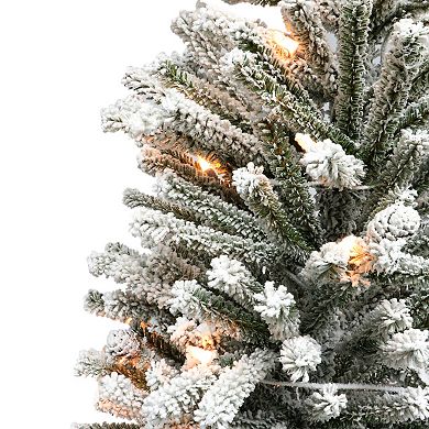 PULEO INTERNATIONAL Pre-Lit 6' Flocked Fir Artificial Christmas Tree with Pines Cones and 300 Lights