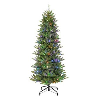 Puleo International Pre-Lit 7.5' Slim Fraser Fir Artificial Christmas Tree with 300 Multi-Function RGB Lights with Remote Sure-Lit Pole®
