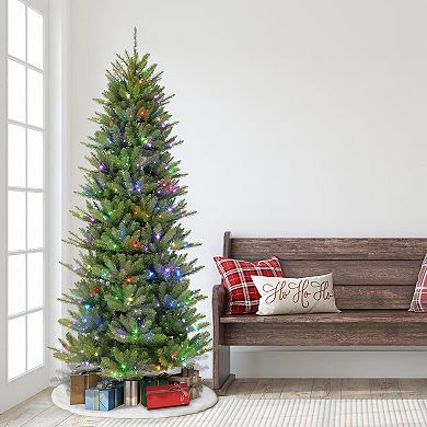 Puleo International Pre-Lit 7.5' Slim Fraser Fir Artificial Christmas Tree with 300 Multi-Function RGB Lights with Remote Sure-Lit Pole®