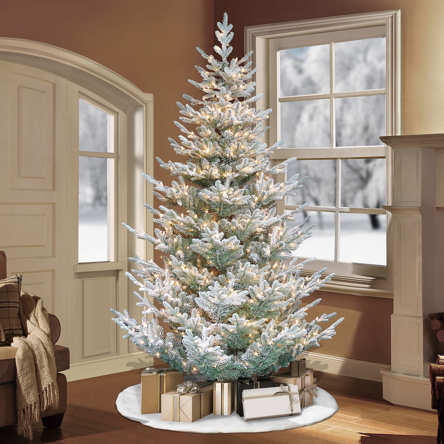 PULEO INTERNATIONAL Pre-Lit 7.5-ft. Flocked Hillside Spruce Artificial ...