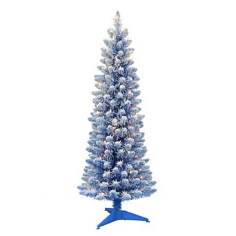 PULEO INTERNATIONAL Pre-Lit 4.5' Flocked Fashion Blue Pencil Artificial Christmas Tree with 100 Lights