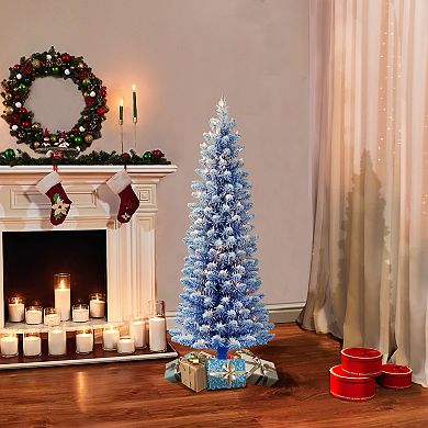 PULEO INTERNATIONAL Pre-Lit 4.5' Flocked Fashion Blue Pencil Artificial Christmas Tree with 100 Lights