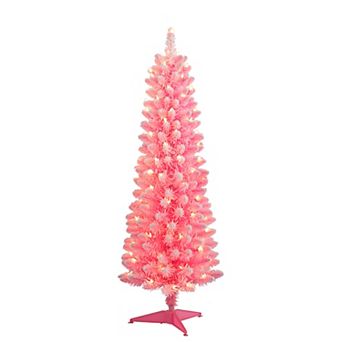 PULEO INTERNATIONAL Pre-Lit 4.5' Flocked Fashion Pink Pencil Artificial Christmas Tree with 100 Lights