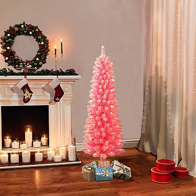 PULEO INTERNATIONAL Pre-Lit 4.5' Flocked Fashion Pink Pencil Artificial Christmas Tree with 100 Lights