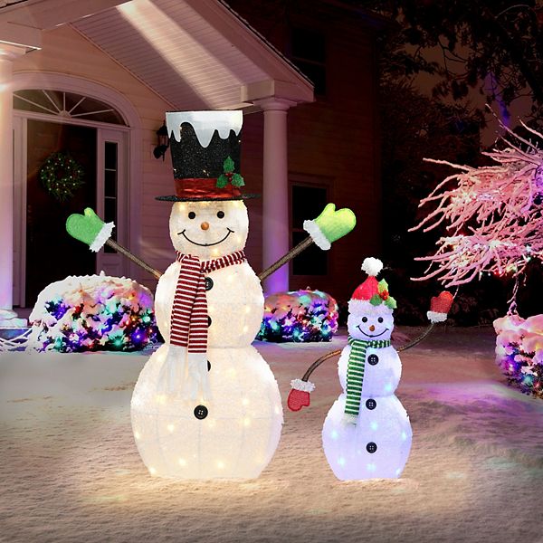 Puleo International 2-Piece Lighted Snowmen Set with 100 White and Blue ...