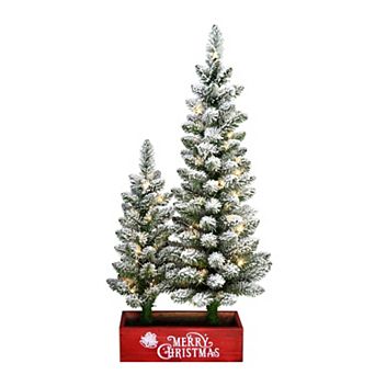 PULEO INTERNATIONAL 2' & 3' Potted Flocked Artificial Pencil Christmas Trees with 50 Warm White LED Rice Lights