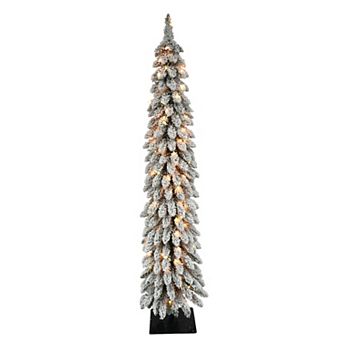 PULEO INTERNATIONAL 6' Pre-Lit Flocked Alpine Pencil Artificial Christmas Tree with 100 UL-Listed Clear Incandescent Lights