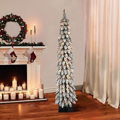 PULEO INTERNATIONAL 6' Pre-Lit Flocked Alpine Pencil Artificial Christmas Tree with 100 UL-Listed Clear Incandescent Lights