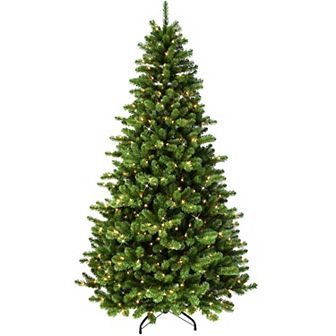 PULEO INTERNATIONAL 7.5' Pre-Lit Vermont Spruce Artificial Christmas Tree with Sure-Lit Pole® and 550 UL-Listed Clear Incandescent Lights