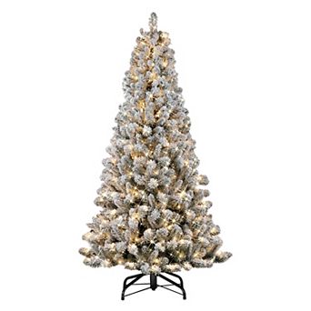 PULEO INTERNATIONAL 6.5' Pre-lit Flocked Virginia Pine Artificial Christmas Tree with 300 UL-Listed Clear Incandescent Lights