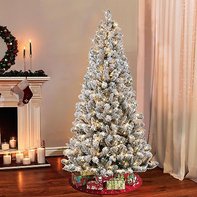 PULEO INTERNATIONAL 6.5' Pre-lit Flocked Virginia Pine Artificial Christmas Tree with 300 UL-Listed Clear Incandescent Lights