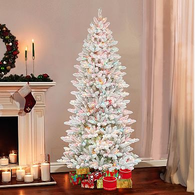 PULEO INTERNATIONAL 7.5' Pre-Lit Slim Flocked Fraser Fir Artificial Christmas Tree with 500 UL-Listed Multi-Color Incandescent Lights