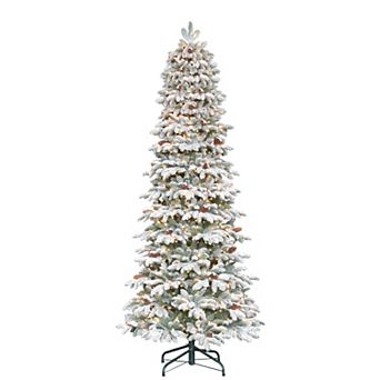 PULEO INTERNATIONAL 7.5' Pre-Lit Flocked Slim Montville Spruce Artificial Christmas Tree with 450 UL-Listed Clear Incandescent Lights