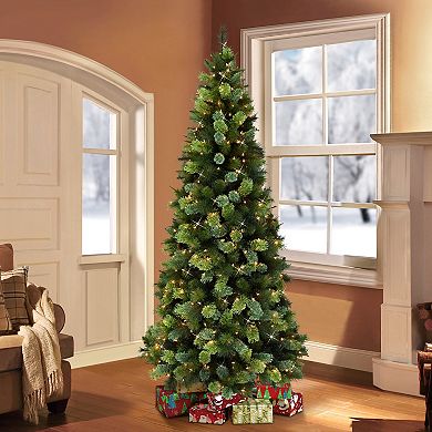 PULEO INTERNATIONAL 7.5' Pre-Lit Slim Portland Pine Artificial Christmas Tree with Cashmere Tips and 450 UL-Listed Clear Incandescent Lights