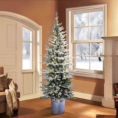 Puleo International 7.5' Pre-Lit Potted Flocked Arctic Fir Pencil Artificial Christmas Tree with 230 Warm White LED Lights