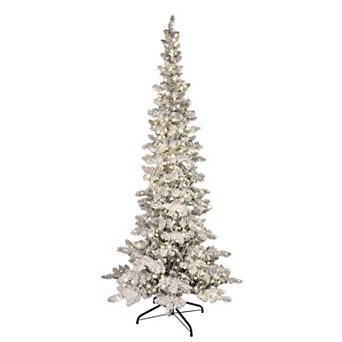 PULEO INTERNATIONAL 7.5' Pre-Lit Flocked Slim Whistler Pine Artificial Christmas Tree with Sure-Lit Pole® and 400 Warm White Round LED Globe Lights
