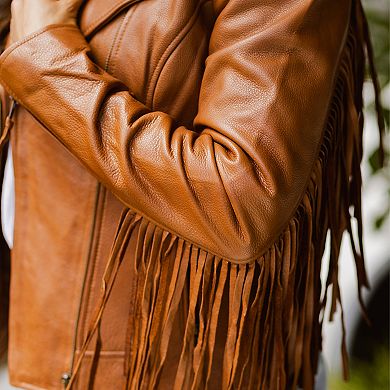Women's Whet Blu Daisy Fringed Asymmetrical Moto Leather Jacket