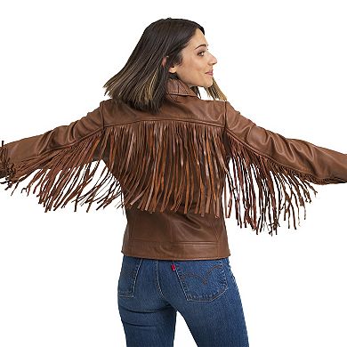 Women's Whet Blu Daisy Fringed Asymmetrical Moto Leather Jacket