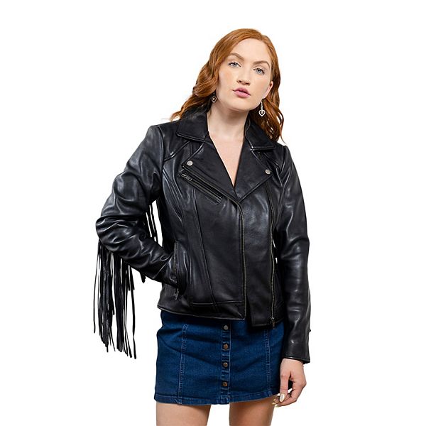 Women's Whet Blu Daisy Fringed Asymmetrical Moto Leather Jacket