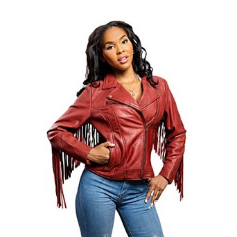 Women's Whet Blu Daisy Fringed Asymmetrical Moto Leather Jacket