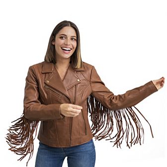 Women's Whet Blu Daisy Fringed Asymmetrical Moto Leather Jacket