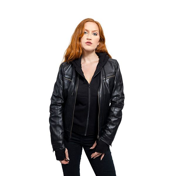 Hooded leather 2025 jacket womens