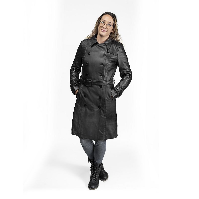 Womens Whet Blu Ashley Leather Trench Coat, Size: XS, Black