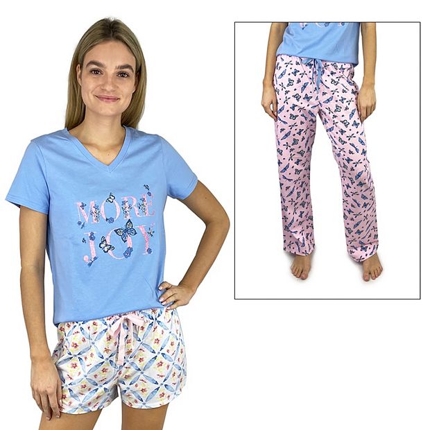 Women's Peace, Love & Dreams 3-pc. Short Sleeve Pajama Top, Pajama Shorts &  Pajama Pants Sleep Set