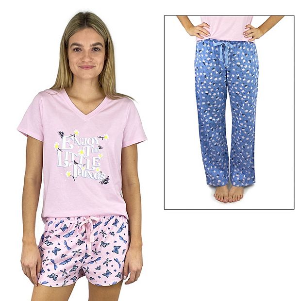 Women s Peace Love Dreams 3 pc. Short Sleeve Pajama Top Pajama Shorts Pajama Pants Sleep Set