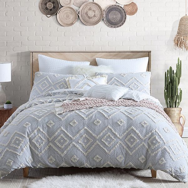 Swift Home Rukai Cotton Fringed Diamond 5-Piece Comforter Set with Shams and Decorative Pillows - Light Gray (FULL/QUEEN)