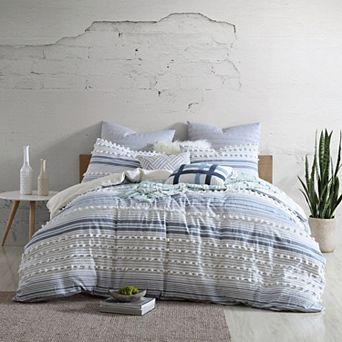 Swift Home Anahita Cotton Clip Dot and Stripe 5 pc Comforter Set with Shams and Decorative Pillows