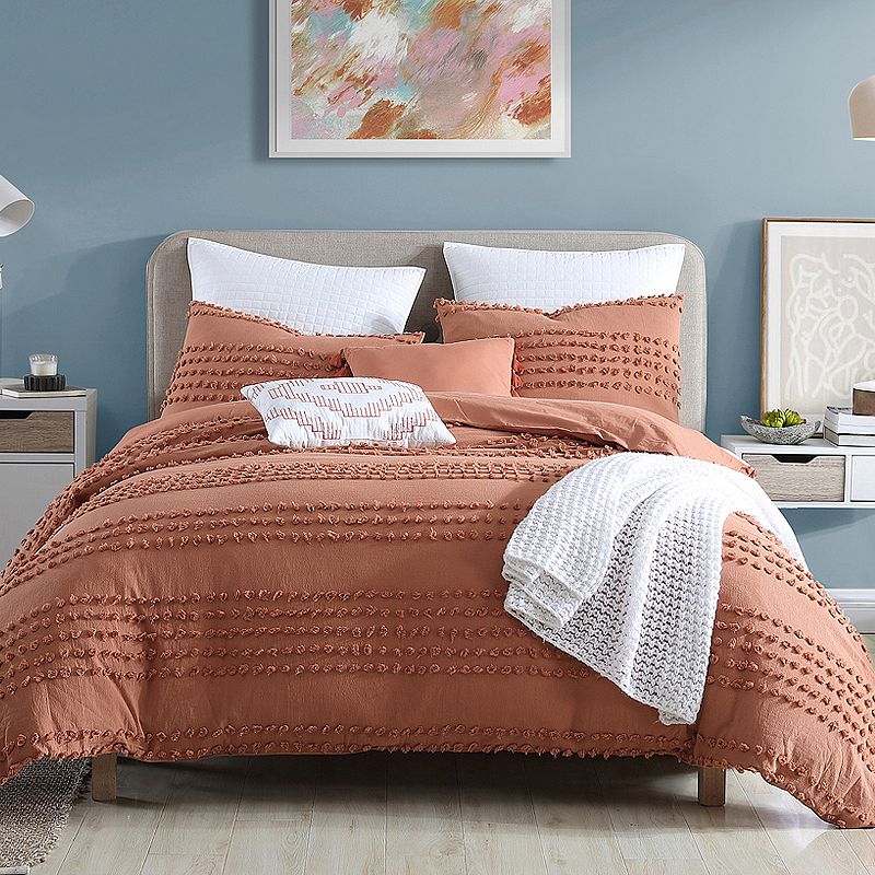 Swift Home Marilla 100% Cotton Clipped Dots Stripes Jacquard 5-Piece Bedding Comforter Set Brick - Oversized King